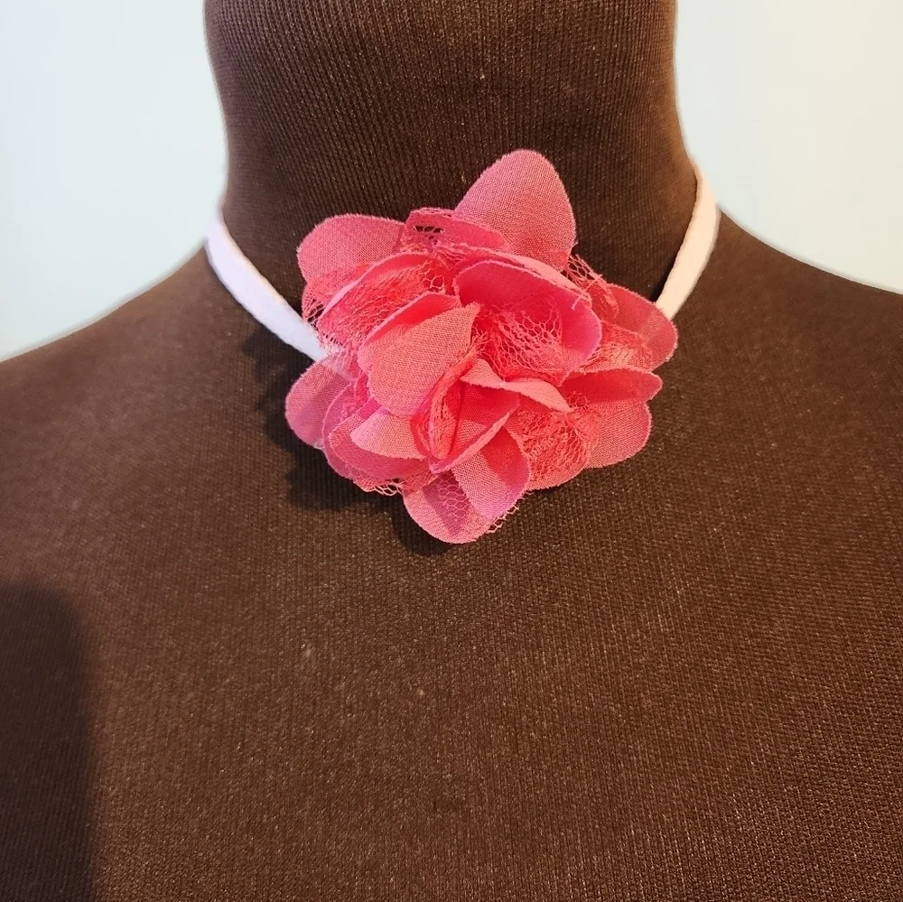 Hand Crafted Flower Choker Necklace Floral Choker Dark Pink Light Pink